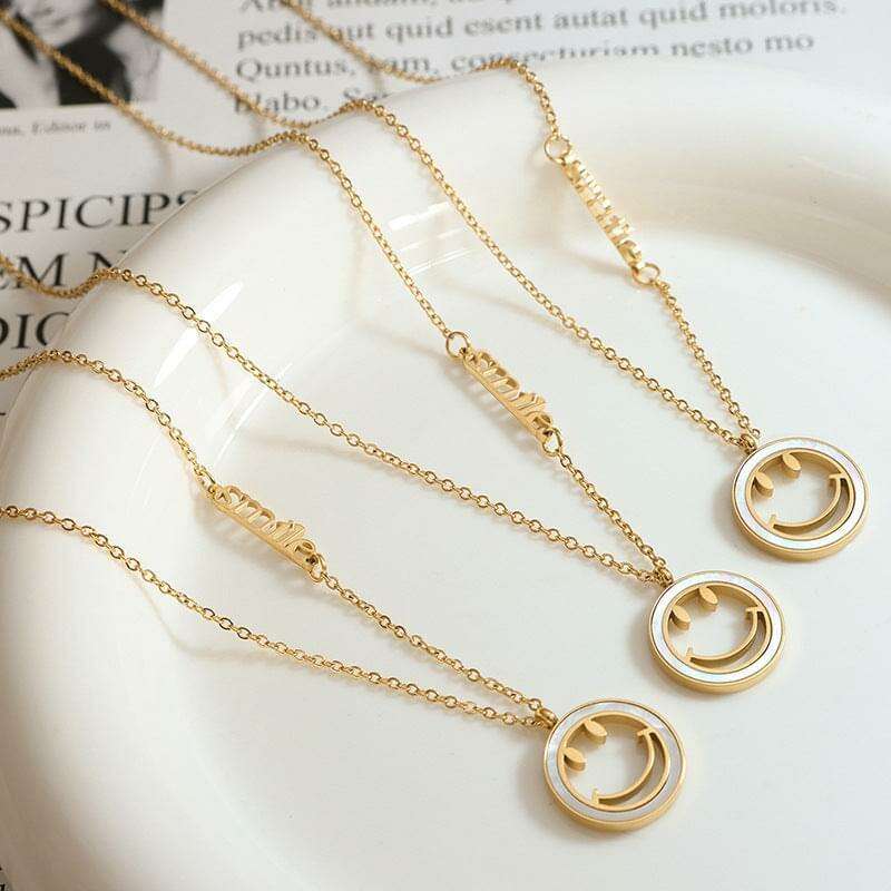 18K Gold White Seashell Smiley Face Pendant Necklace - necklace at TFC&H Co.