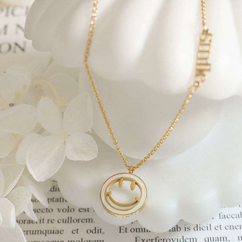 - 18K Gold White Seashell Smiley Face Pendant Necklace - necklace at TFC&H Co.