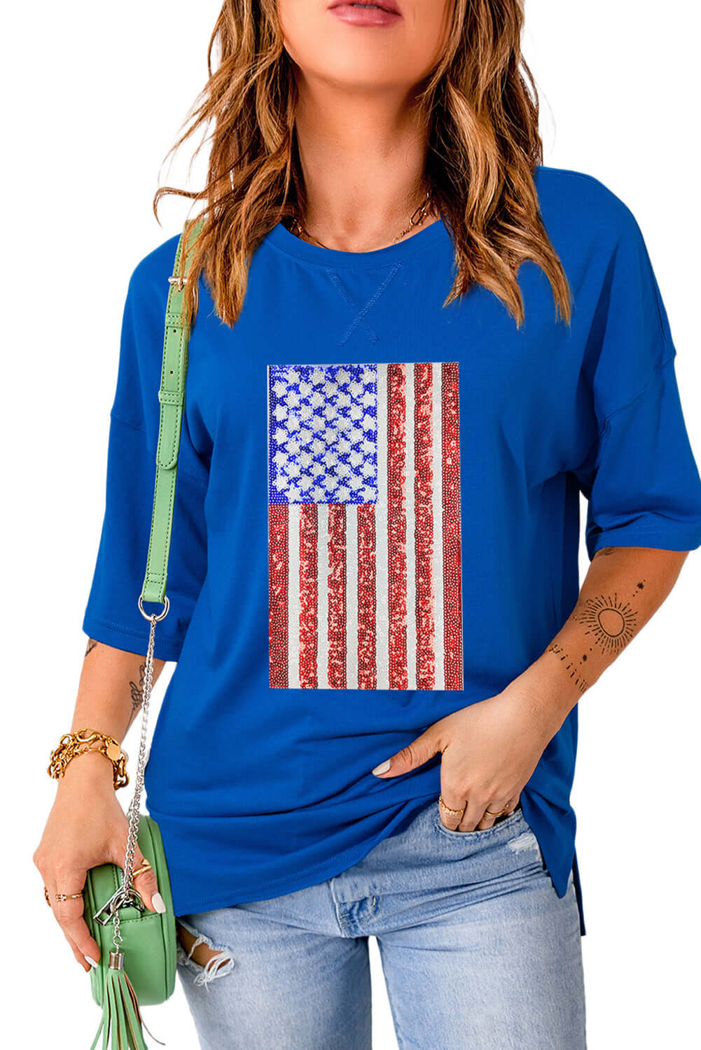 - Dark Blue Sequin American Flag Graphic Split Baggy 4th of July T Shirt - womens t-shirt at TFC&H Co.