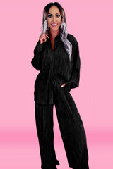 Black 100%Polyester - Pleated Long Sleeve Shirt and Wide-Leg Sets - womens pants set at TFC&H Co.