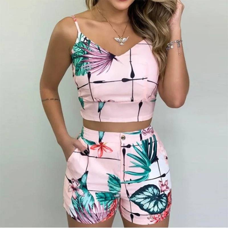 - Summer Floral Print Women's Shorts Outfit Set With Belt - womens short set at TFC&H Co.