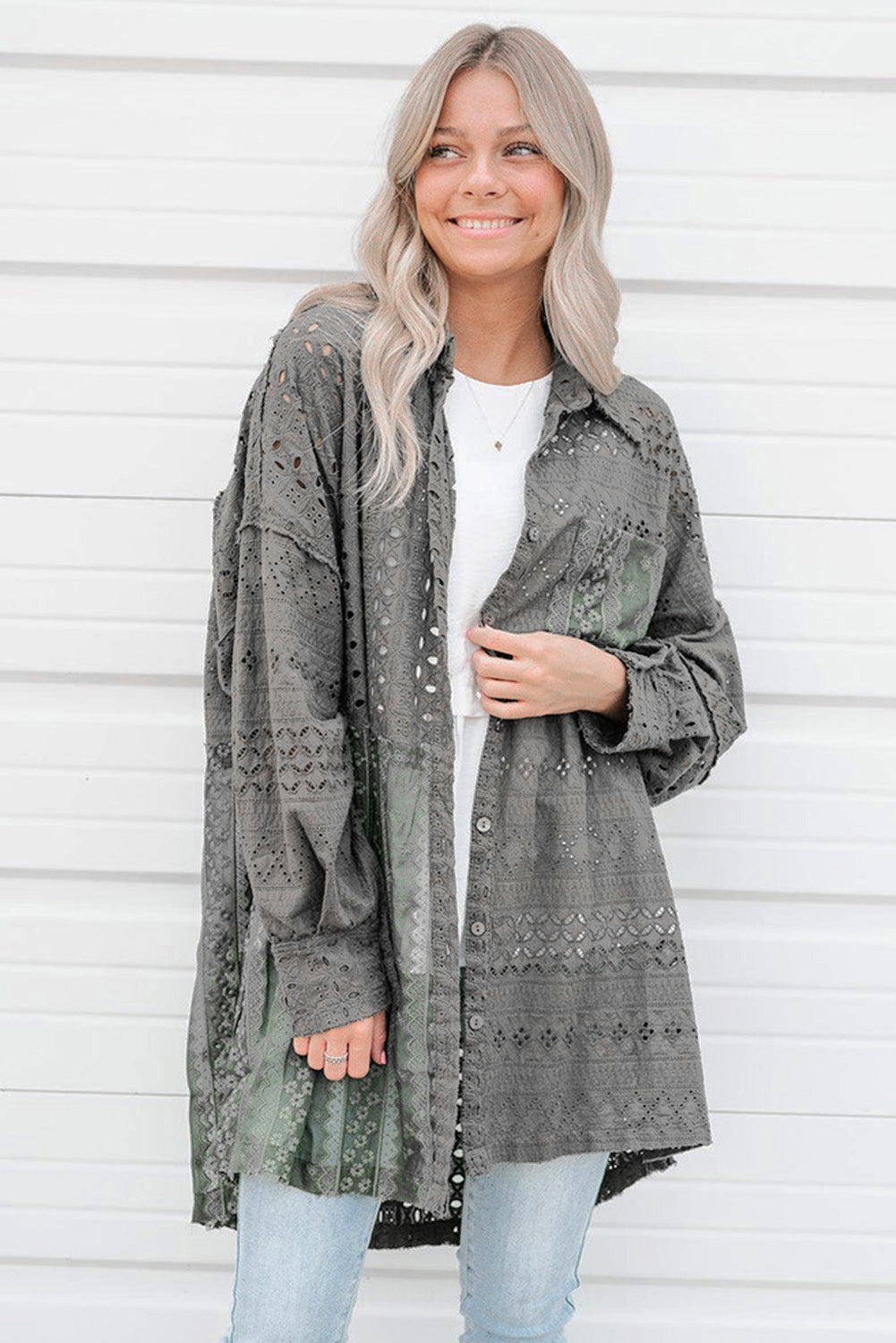 Eyelet Pattern Patchwork Oversized Button Up Women's Shacket - women's shacket at TFC&H Co.