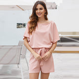 Light Pink - Women's Round Neck Short-sleeved Lace-up Romper - womens romper at TFC&H Co.
