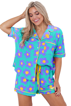 - Flower Print Buttoned Shirt and Drawstring Waist Women's Pajama Set - womens pajamas at TFC&H Co.