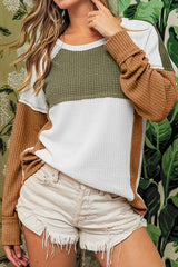 Green 100%Polyester Green Color Block Exposed Seam Women's Waffle Knit Long Sleeve Top - women's shirt at TFC&H Co.