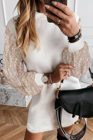 White 90%Polyester+10%Elastane Sequin Puff Sleeve Shift Women's Mini Dress - women's dress at TFC&H Co.