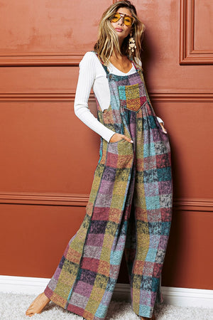 - Multicolor Brushed Checked Pockets Pleated Women's Wide Leg Overall - womens overalls at TFC&H Co.