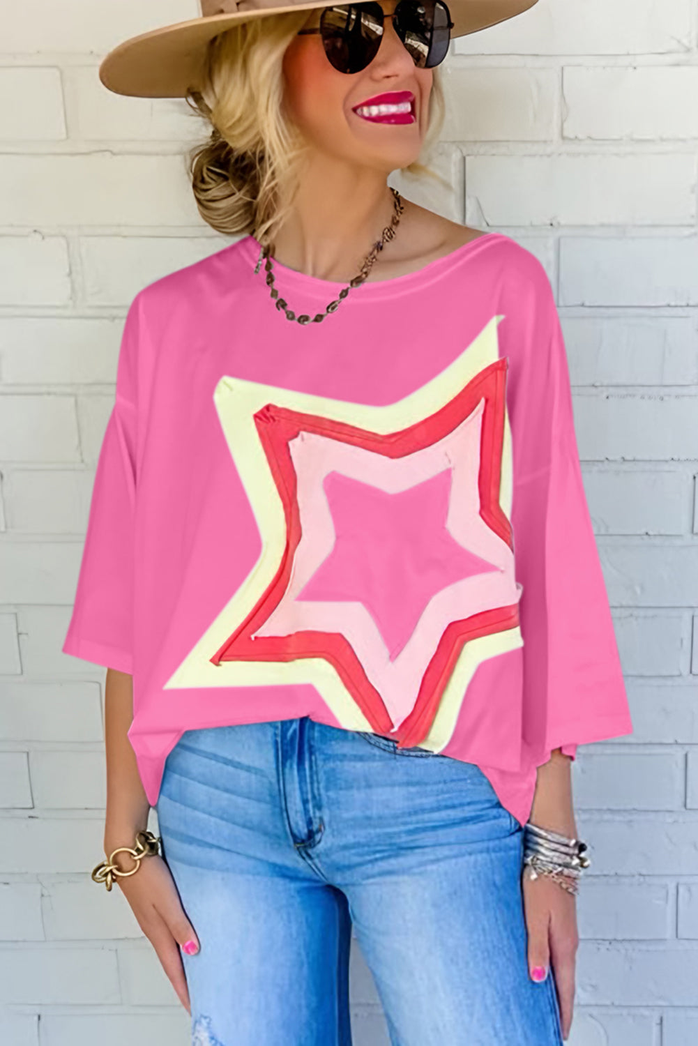 - Star Patched Half Sleeve Oversized Tee - womens t shirt at TFC&H Co.