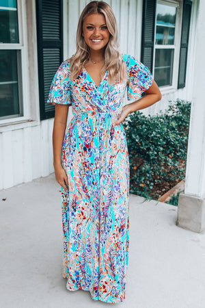 - Bohemian Abstract Print Wrap V Neck Color Block Maxi Dress - Maxi Dresses at TFC&H Co.