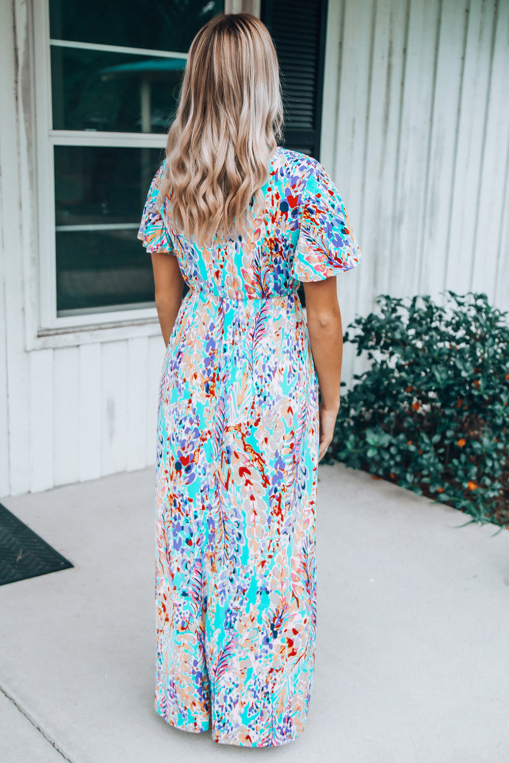 - Bohemian Abstract Print Wrap V Neck Color Block Maxi Dress - Maxi Dresses at TFC&H Co.