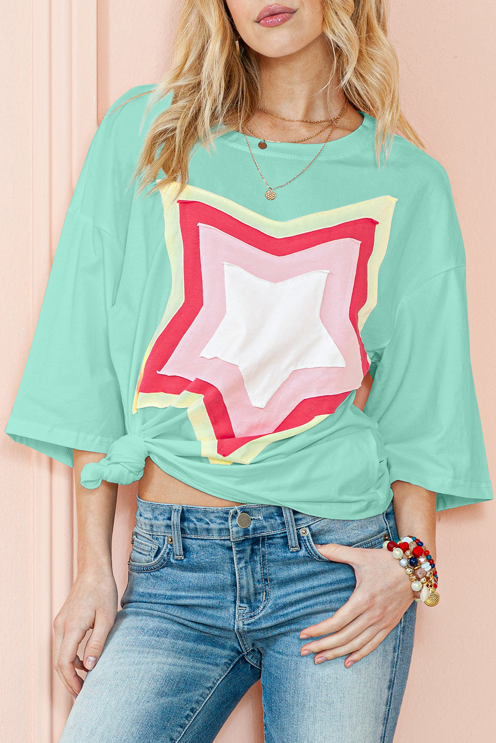 Moonlight Jade - Star Patched Half Sleeve Oversized Tee - womens t shirt at TFC&H Co.
