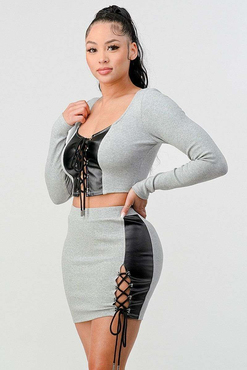 - 2 Piece Set With Cropped Long Sleeve Shirt With Pu Leather Detail Matching Mini Skirt - Ships from The US - womens top & skirt set at TFC&H Co.
