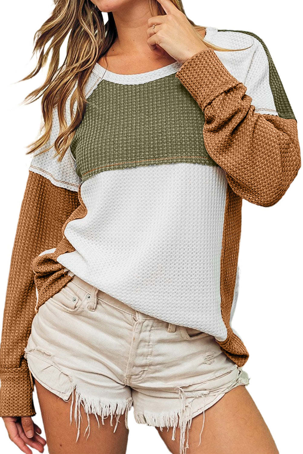 Green Color Block Exposed Seam Women's Waffle Knit Long Sleeve Top - women's shirt at TFC&H Co.