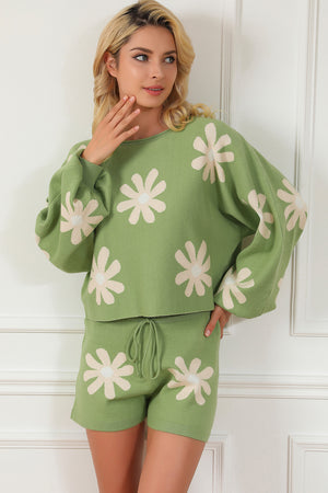 Green Flower Print Bubble Sleeve Knitted Sweater and Shorts Set - women's short set at TFC&H Co.