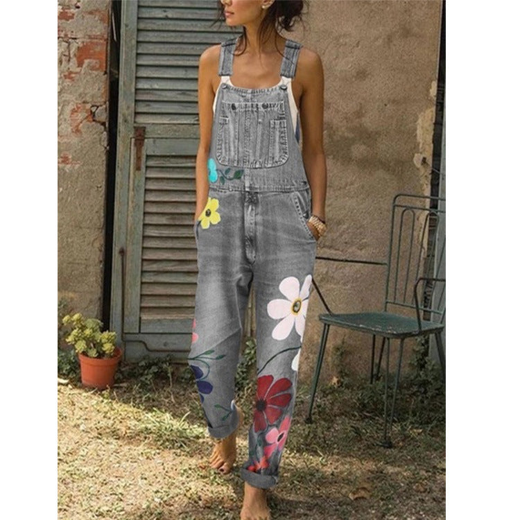 Grey - Flower Printed Washed Denim Overalls - womens overalls at TFC&H Co.