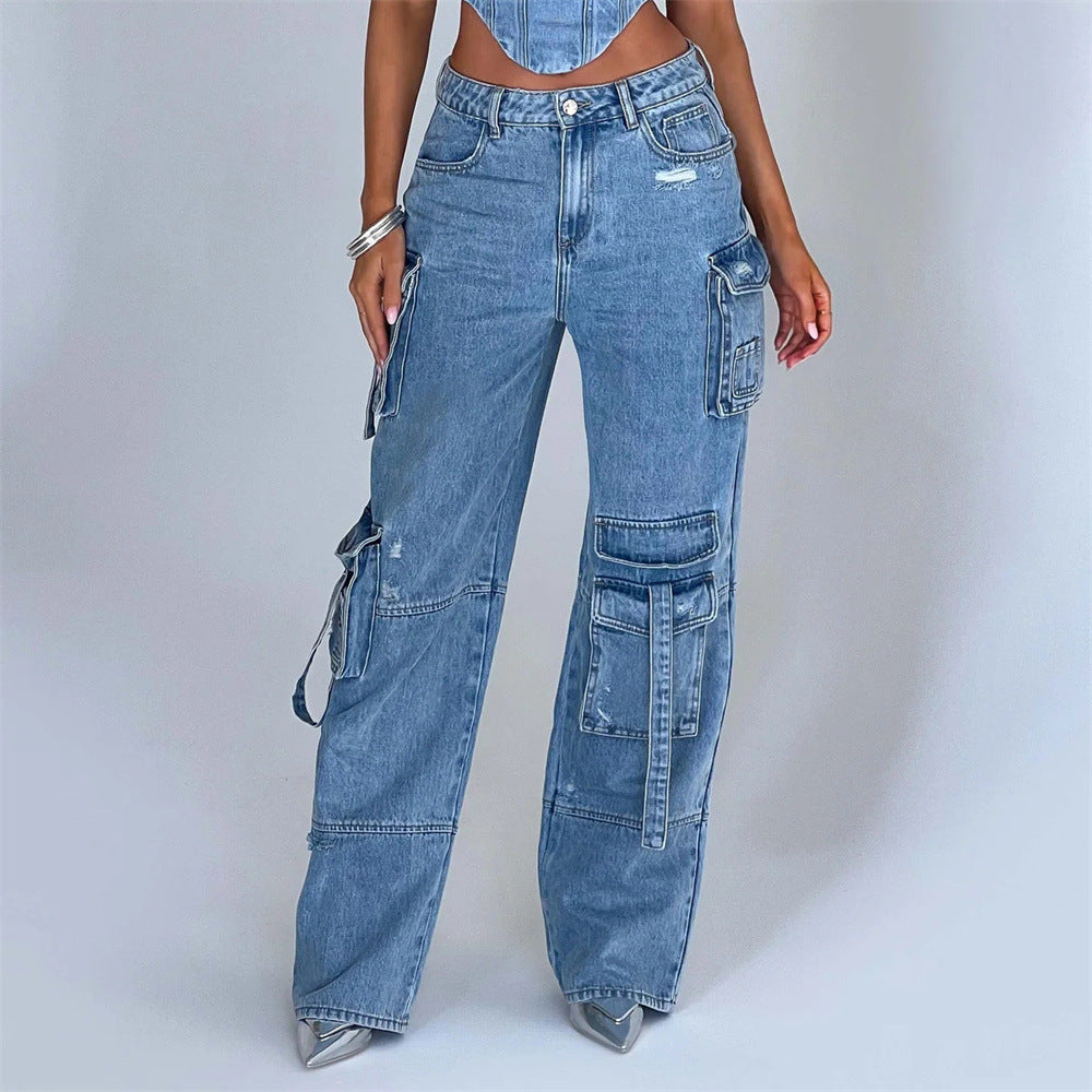 Women's American-style Low Waist 3D Pocket Stitching Jeans, Vest, or Outfit Set