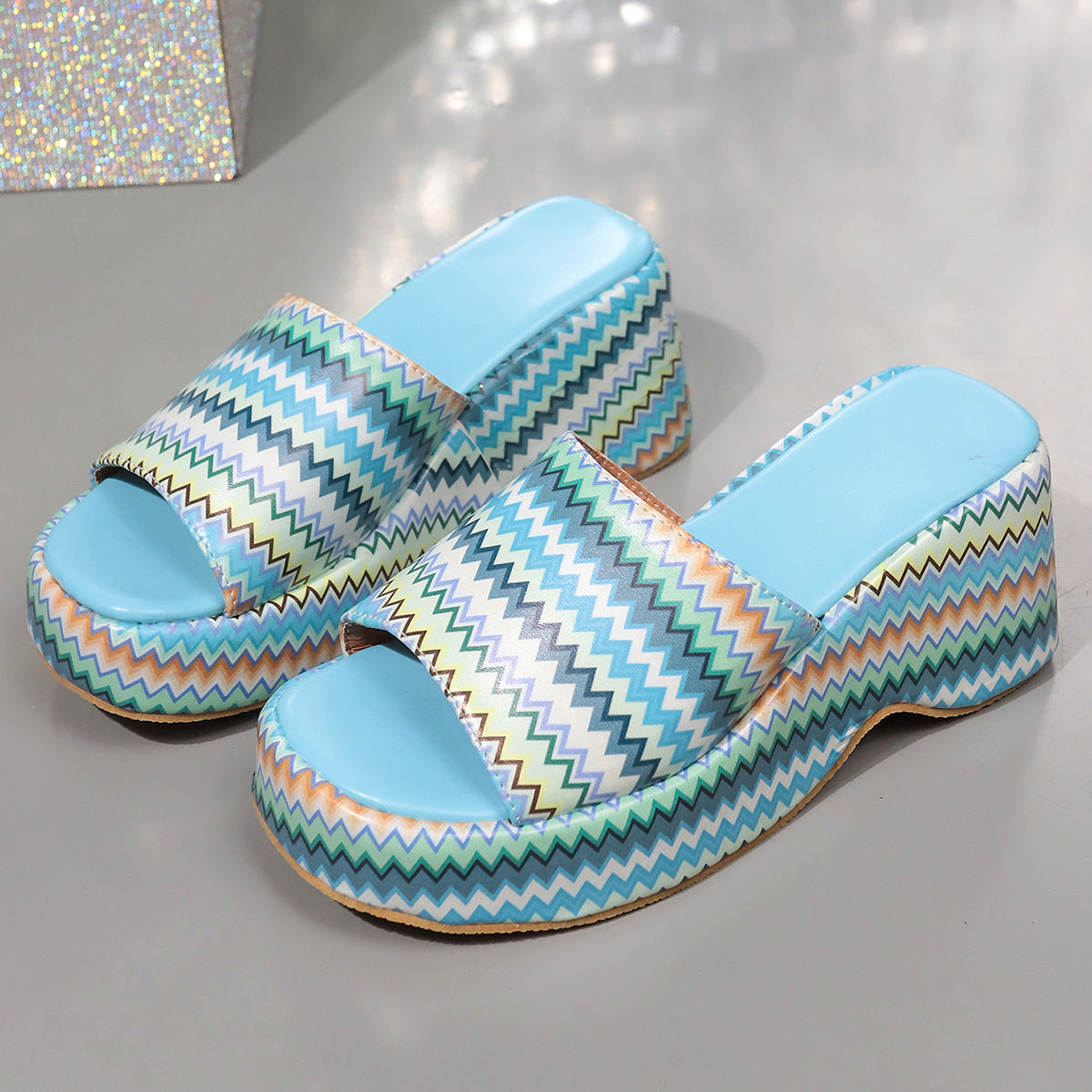 Blue - Fashion Colorful Wave Print Wedges Sandals For Women - womens sandals at TFC&H Co.