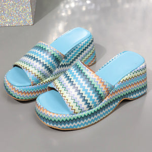 Blue - Fashion Colorful Wave Print Wedges Sandals For Women - womens sandals at TFC&H Co.