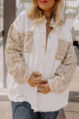 White 100%Cotton Voluptuous (+) Plus Size White Tweed Patchwork Raw Hem Jacket - women's jacket at TFC&H Co.