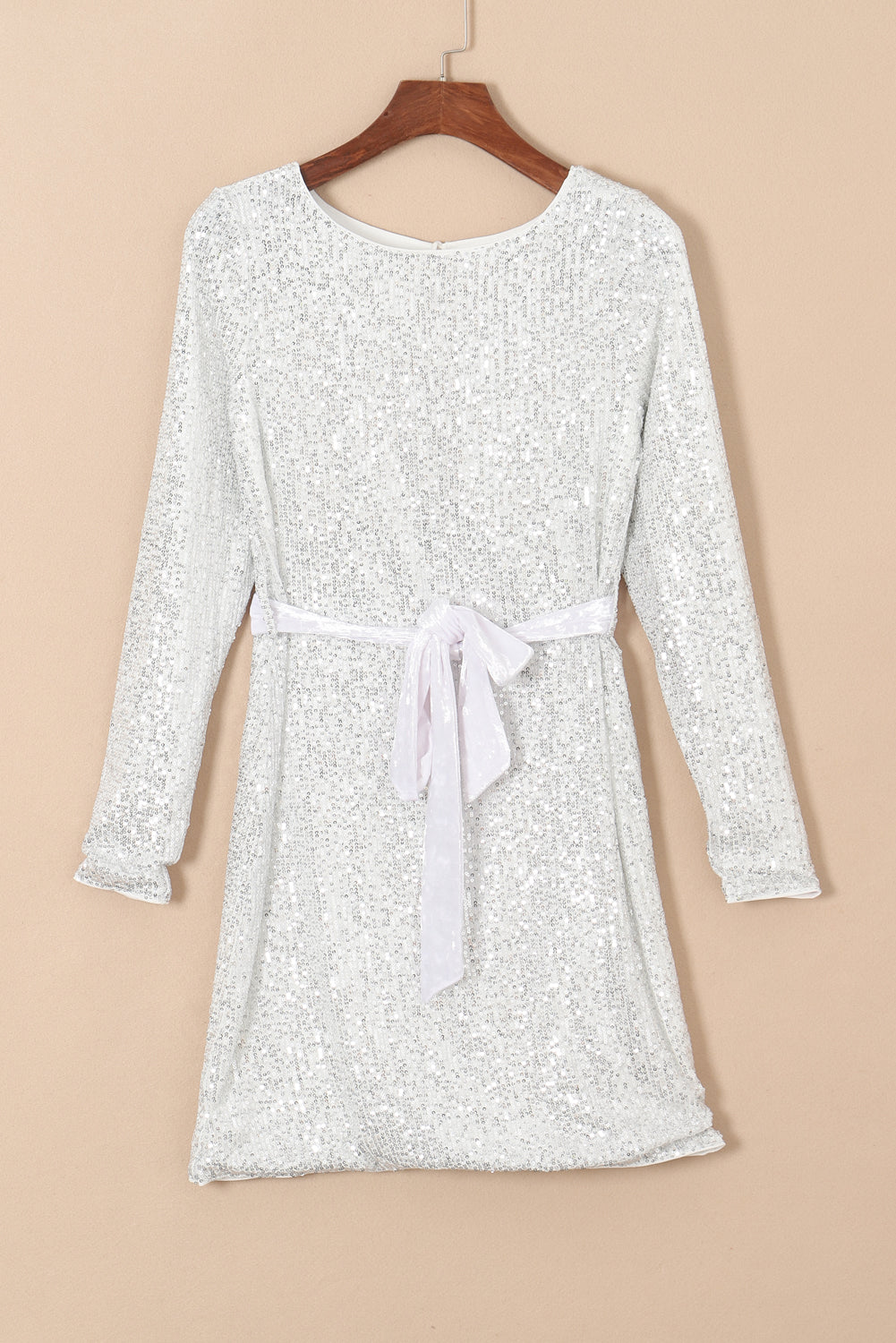 Silvery Sequin Long Sleeve Tie Waist Women's Mini Dress - women's dress at TFC&H Co.