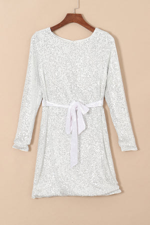 - Silvery Sequin Long Sleeve Tie Waist Women's Mini Dress - womens dress at TFC&H Co.