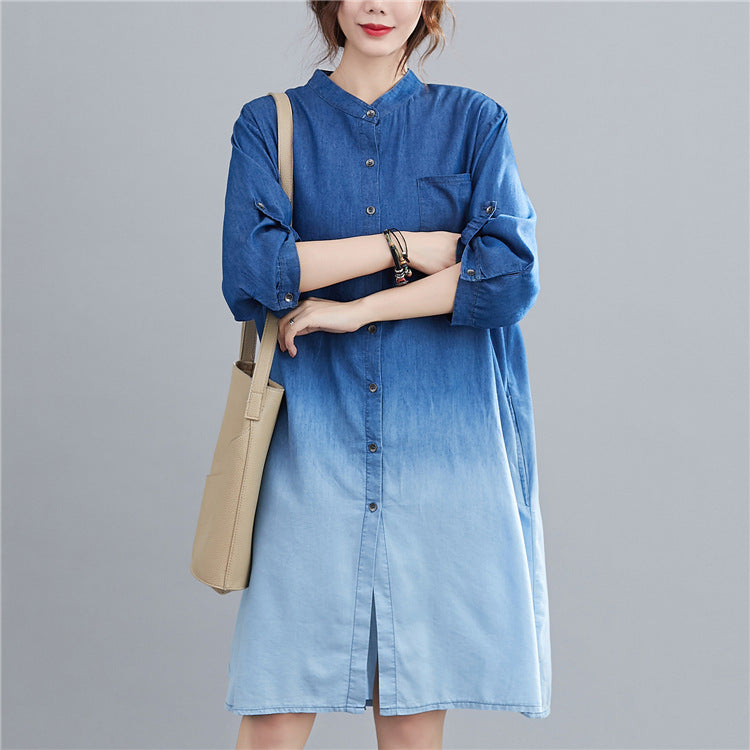 Navy blue One size - Gradient Women's Denim Shirt Dress - womens dress at TFC&H Co.