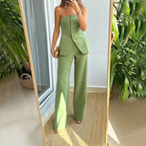 Light green - Casual Fashion Tailored Button Tube Top Suit Pants Outfit Set - womens pant set at TFC&H Co.