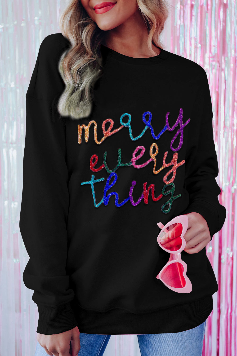 Black1 - Merry Every Thing 100%Polyester - Holly Jolly Round Neck, or Merry & Bright Christmas Sweater, or Other various Fall & Christmas Themed Sweaters - womens sweater at TFC&H Co.