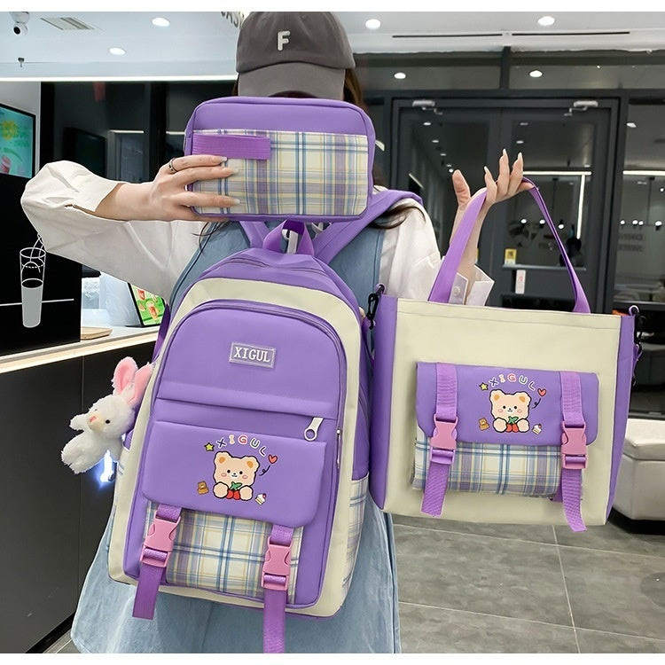 Purple With Pendant - Large Capacity Plaid Three-piece Set School Backpack - bookbag at TFC&H Co.