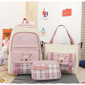 Pink With Pendant - Large Capacity Plaid Three-piece Set School Backpack - bookbag at TFC&H Co.