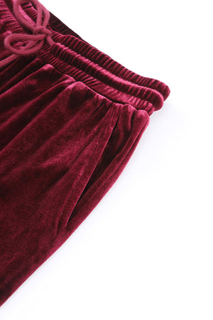 - Red Solid Velvet Round Neck Top & Drawstring Pants Longe Set - womens loungewear at TFC&H Co.