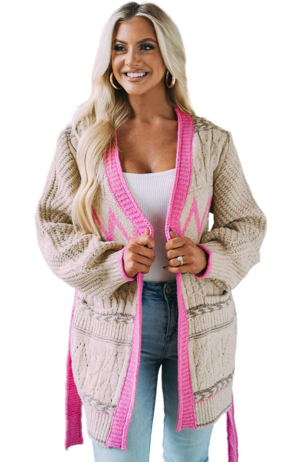 Geometric Cable Knit Pocketed Open Front Cardigan - women's cardigan at TFC&H Co.