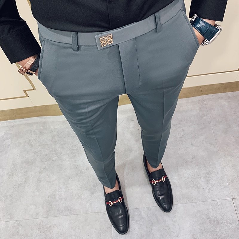 Grey - Emblem Belted Men's Tight Suit Pants - mens suit pants at TFC&H Co.