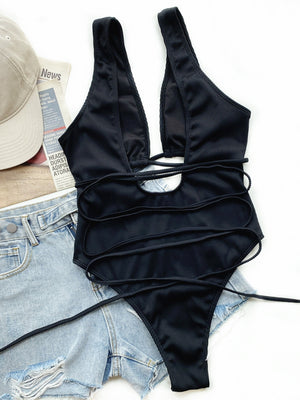 - Ribbed Lace Up One-Piece Swimsuit - womens one piece swimsuit at TFC&H Co.