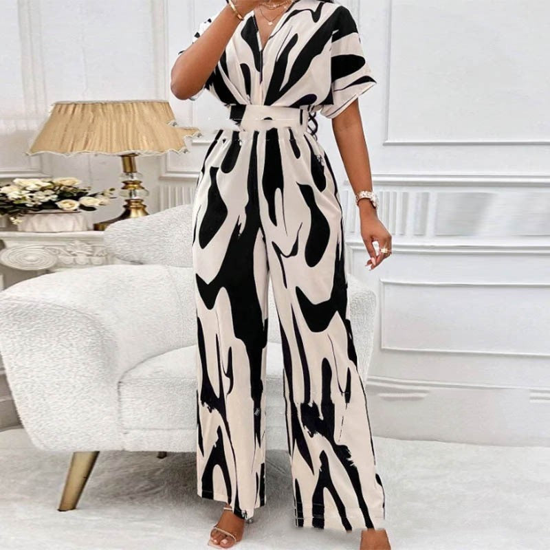 Black And White - V-neck Loose Printed Long Jumpsuit for Women - womens jumpsuit at TFC&H Co.