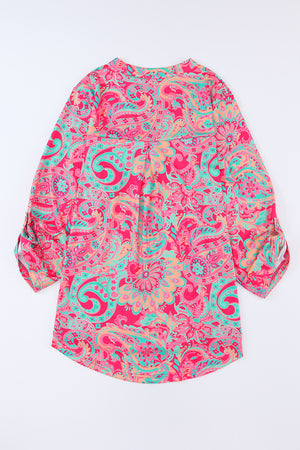 Rose Voluptuous (+) Plus Size Paisley Print V Neck Roll Tab Sleeve Blouse - women's blouse at TFC&H Co.
