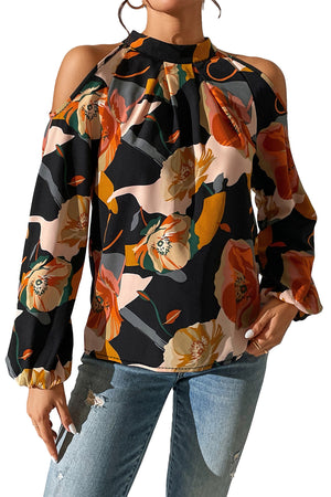 Floral Print Cold Shoulder Lantern Sleeve Blouse - women's blouse at TFC&H Co.