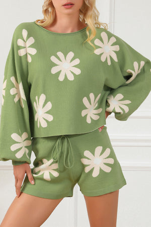 Green 50%Viscose+28%Polyester+22%Polyamide Green Flower Print Bubble Sleeve Knitted Sweater and Shorts Set - women's short set at TFC&H Co.
