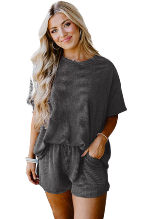 - Ribbed Textured Knit Loose Fit Tee and Shorts Outfit Set - womens short set at TFC&H Co.