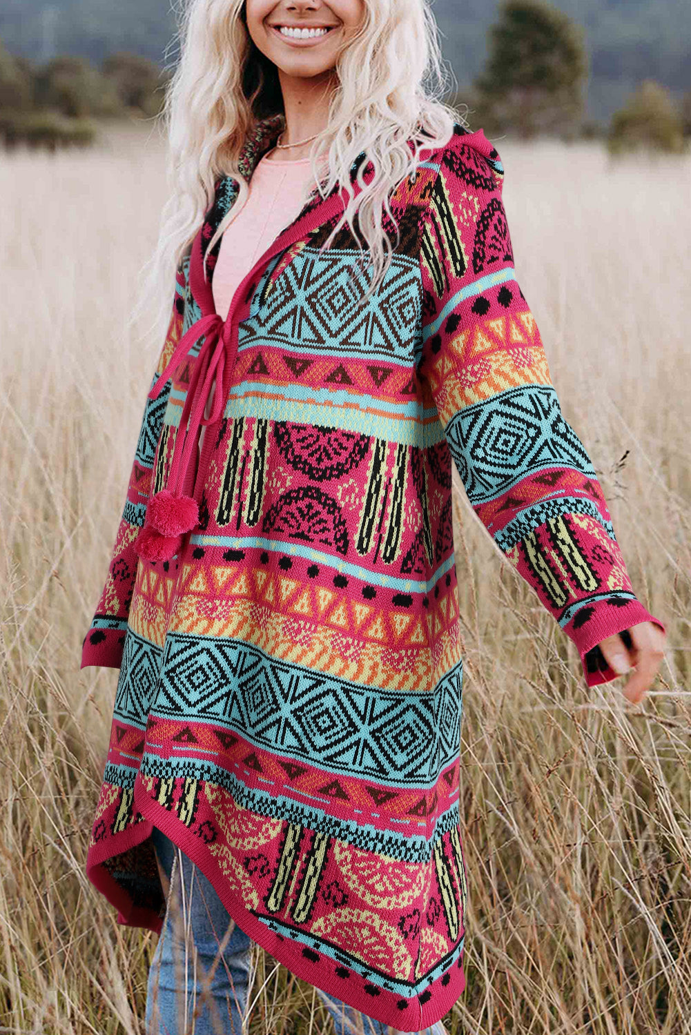 Rose 100%Acrylic Rose Boho Aztec Knitted Pom Pom Tie Hooded Cardigan - women's cardigan at TFC&H Co.