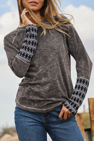 Gray 95%Polyester+5%Elastane Geometric Sleeve Ribbed Long Sleeve Top - women's shirt at TFC&H Co.