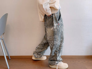- Worn Looking Washed-out Cashew Flower Paisley Loose Profile Jeans For Men or Teens - mens jeans at TFC&H Co.