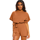 Brown - Women's Round Neck Short-sleeved Lace-up Romper - womens romper at TFC&H Co.