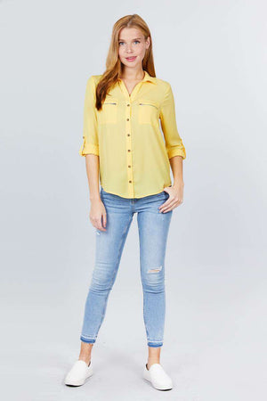 - 3/4 Roll Up Sleeve Pocket W/zipper Detail Woven Blouse - 3 colors - womens button-up shirt at TFC&H Co.