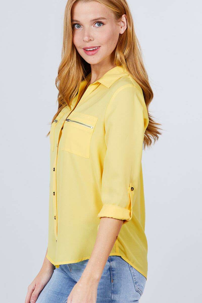 - 3/4 Roll Up Sleeve Pocket W/zipper Detail Woven Blouse - 3 colors - womens button-up shirt at TFC&H Co.