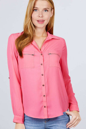 Pink 3/4 Roll Up Sleeve Pocket W/zipper Detail Woven Blouse - 3 colors - women's button-up shirt at TFC&H Co.