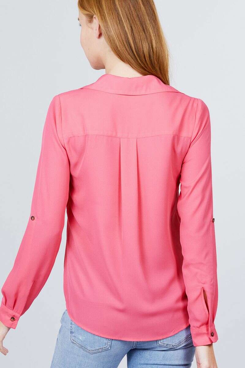 3/4 Roll Up Sleeve Pocket W/zipper Detail Woven Blouse - 3 colors - women's button-up shirt at TFC&H Co.