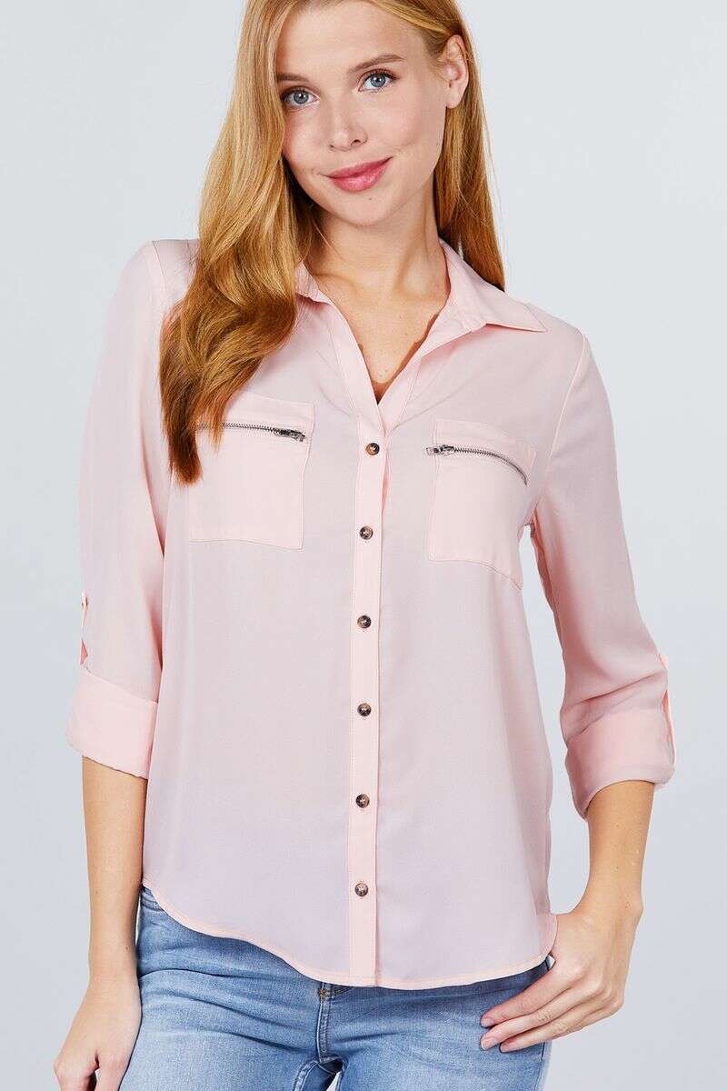 Rose Water - 3/4 Roll Up Sleeve Pocket W/zipper Detail Woven Blouse - 3 colors - womens button-up shirt at TFC&H Co.