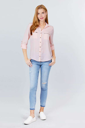 3/4 Roll Up Sleeve Pocket W/zipper Detail Woven Blouse - 3 colors - women's button-up shirt at TFC&H Co.
