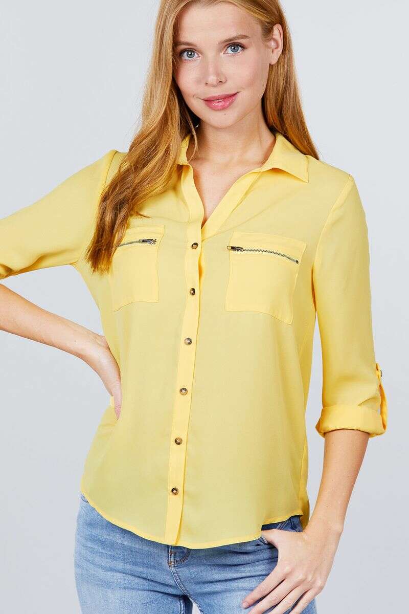 Yellow - 3/4 Roll Up Sleeve Pocket W/zipper Detail Woven Blouse - 3 colors - womens button-up shirt at TFC&H Co.